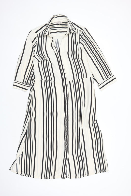 H&M Womens Ivory Striped Polyester Shirt Dress Size 8 Collared Button