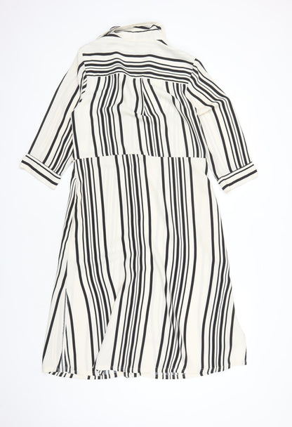 H&M Womens Ivory Striped Polyester Shirt Dress Size 8 Collared Button