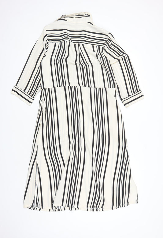 H&M Womens Ivory Striped Polyester Shirt Dress Size 8 Collared Button