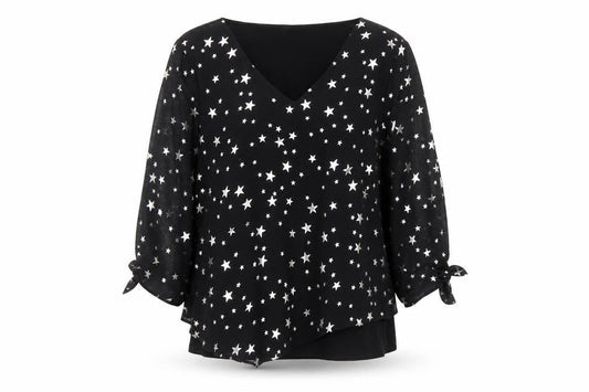 Front view of Roman women’s black geometric polyester basic blouse, size UK 18, v-neck - star pattern