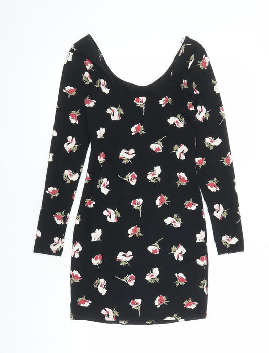 Miss Selfridge Womens Black Floral Polyester Bodycon Size 10 Round Neck Pullover
