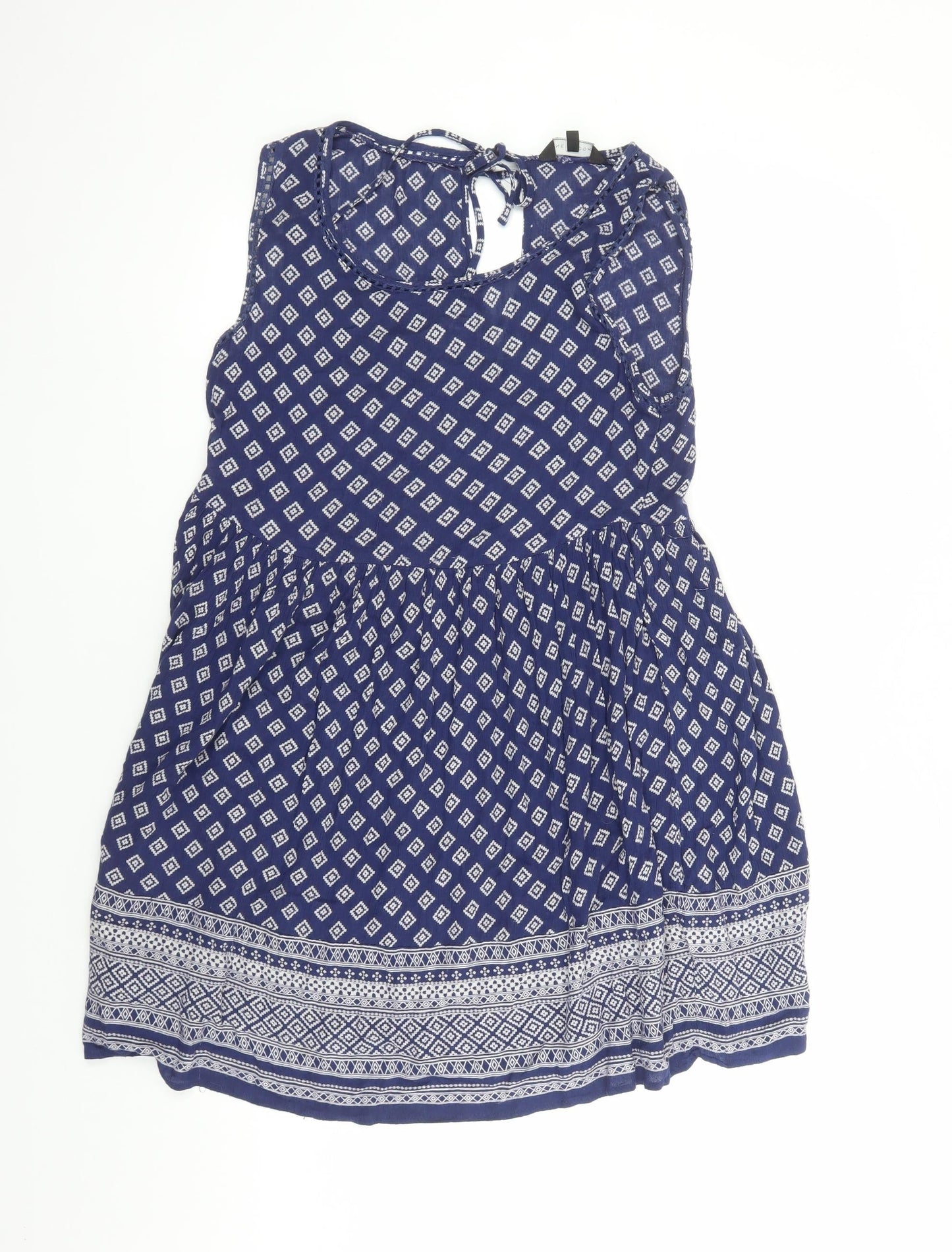 New Look Womens Blue Geometric Viscose A-Line Size 8 Round Neck Tie