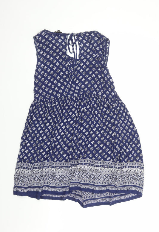 New Look Womens Blue Geometric Viscose A-Line Size 8 Round Neck Tie