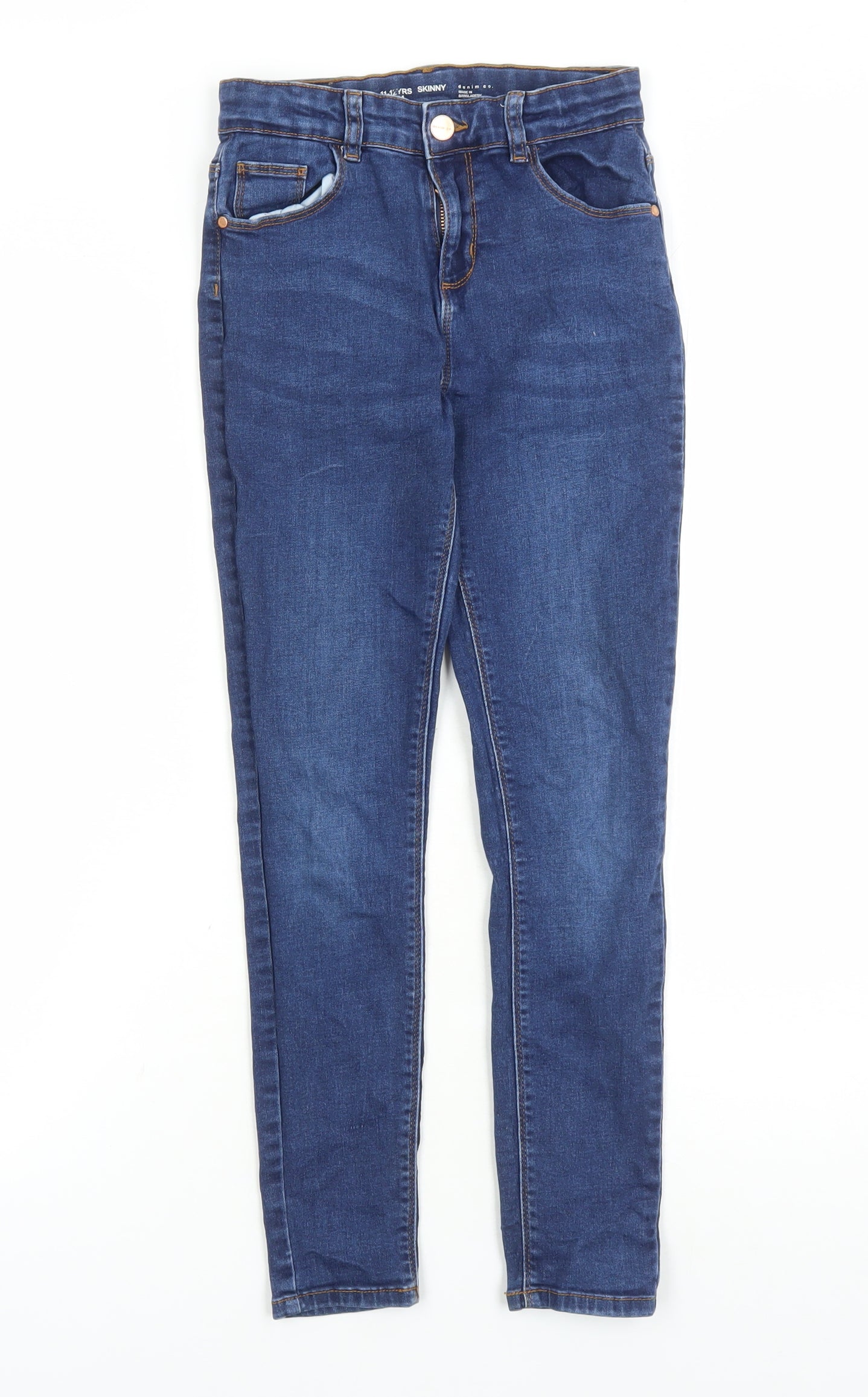 Denim & Co. Girls Blue Cotton Skinny Jeans Size 11-12 Years L23 in Regular Zip - Pockets