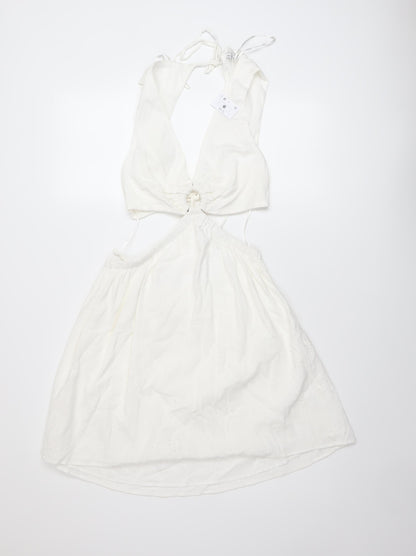 Bershka Womens Ivory Cotton A-Line Size M V-Neck Tie