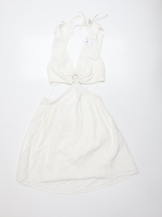 Bershka Womens Ivory Cotton A-Line Size M V-Neck Tie