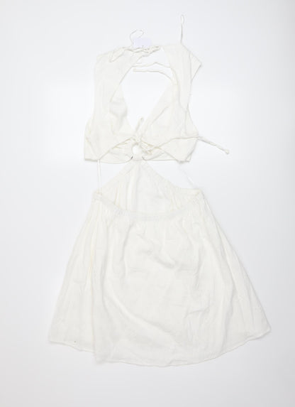 Bershka Womens Ivory Cotton A-Line Size M V-Neck Tie