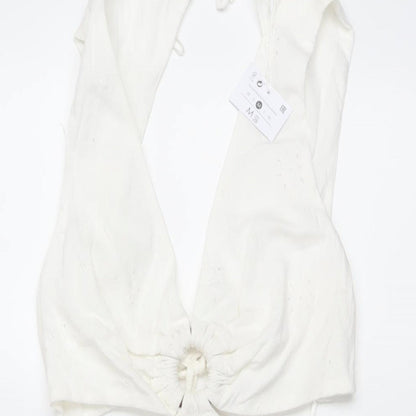 Bershka Womens Ivory Cotton A-Line Size M V-Neck Tie