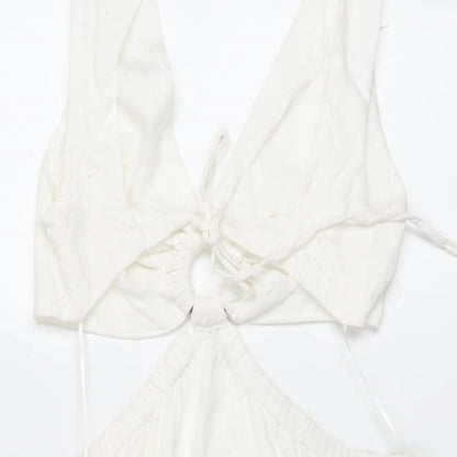 Bershka Womens Ivory Cotton A-Line Size M V-Neck Tie