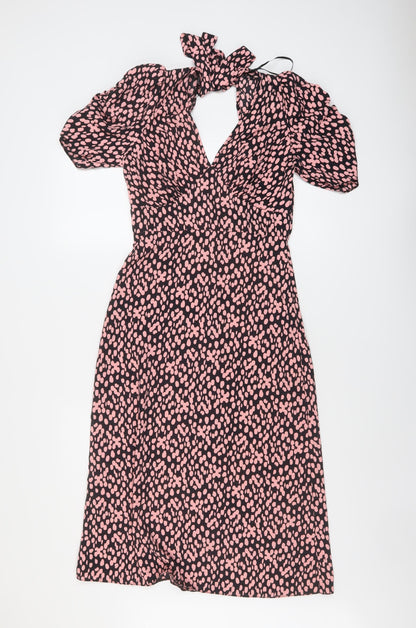 Miss Selfridge Womens Pink Geometric Polyester A-Line Size 6 V-Neck Tie