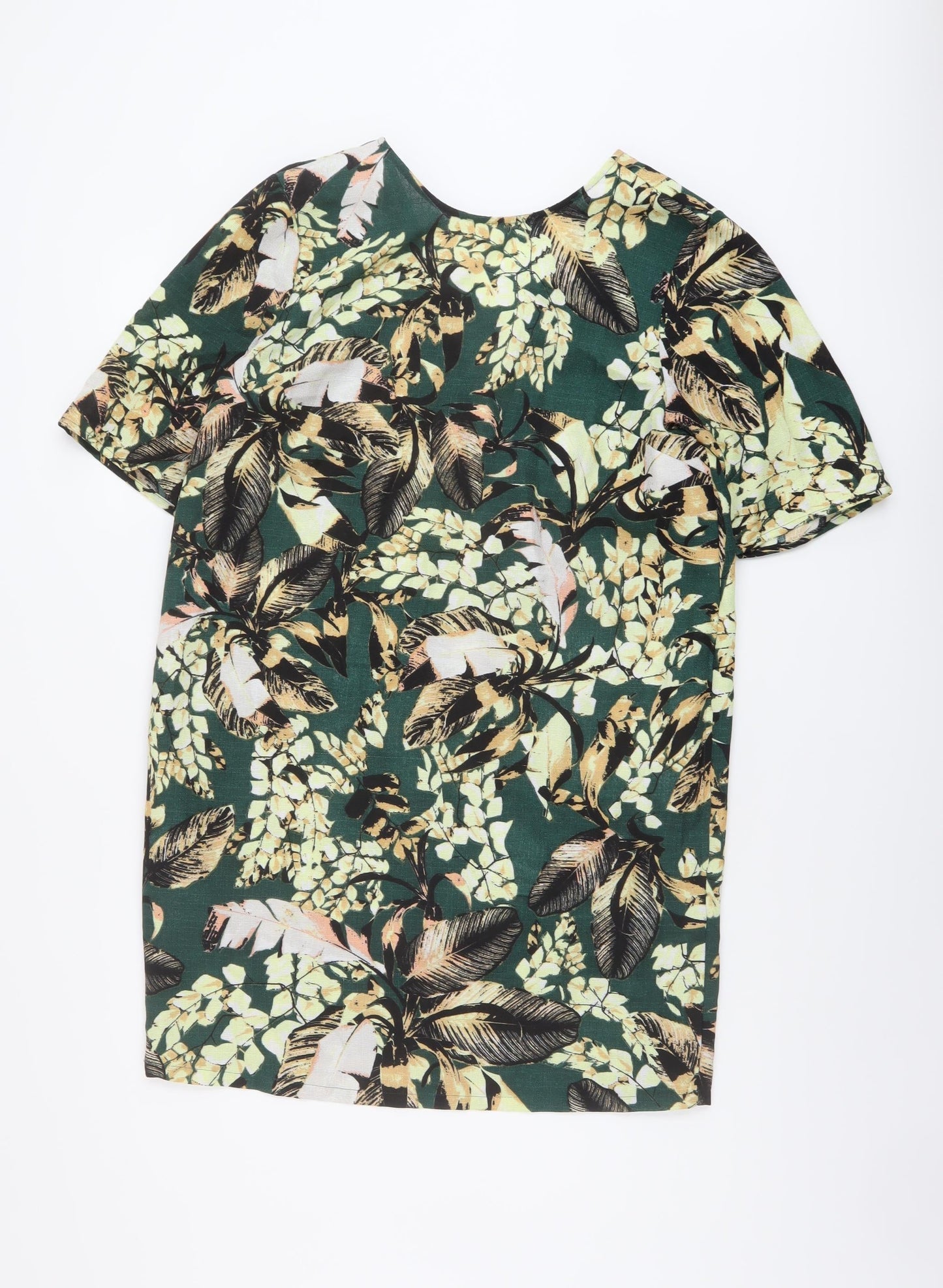 Warehouse Womens Green Floral Polyester A-Line Size 12 Round Neck Button