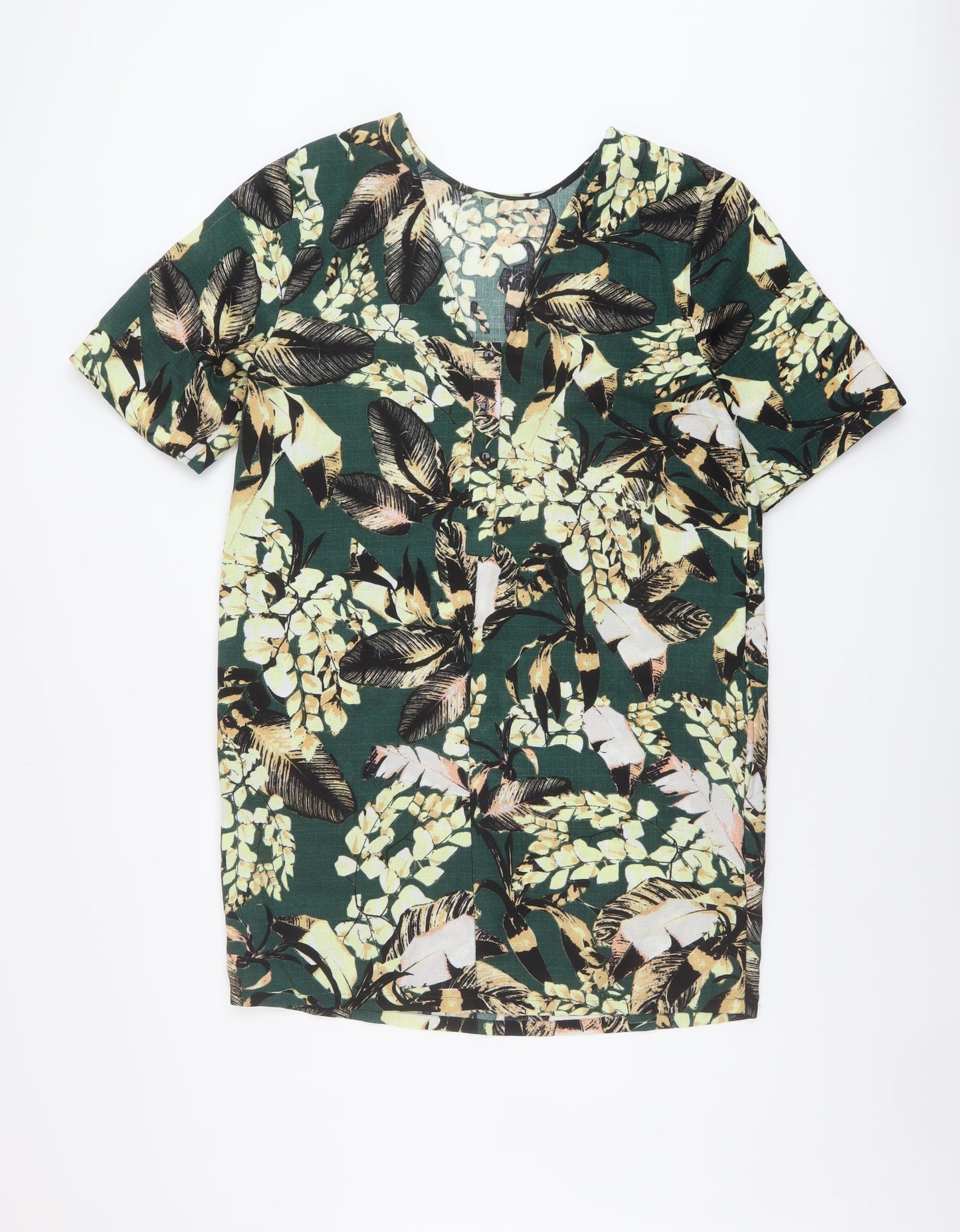 Warehouse Womens Green Floral Polyester A-Line Size 12 Round Neck Button