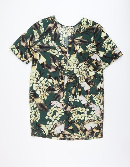 Warehouse Womens Green Floral Polyester A-Line Size 12 Round Neck Button