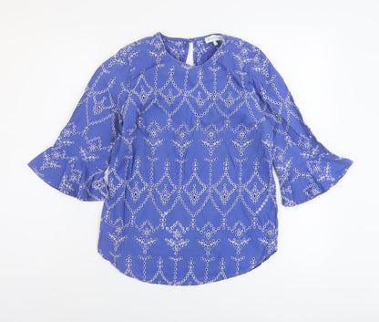 Warehouse Womens Blue Floral Cotton Basic Blouse Size 8 Round Neck