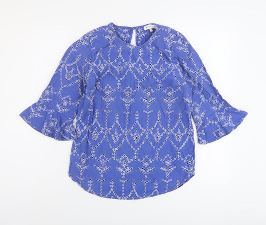 Warehouse Womens Blue Floral Cotton Basic Blouse Size 8 Round Neck