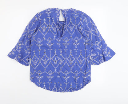 Warehouse Womens Blue Floral Cotton Basic Blouse Size 8 Round Neck