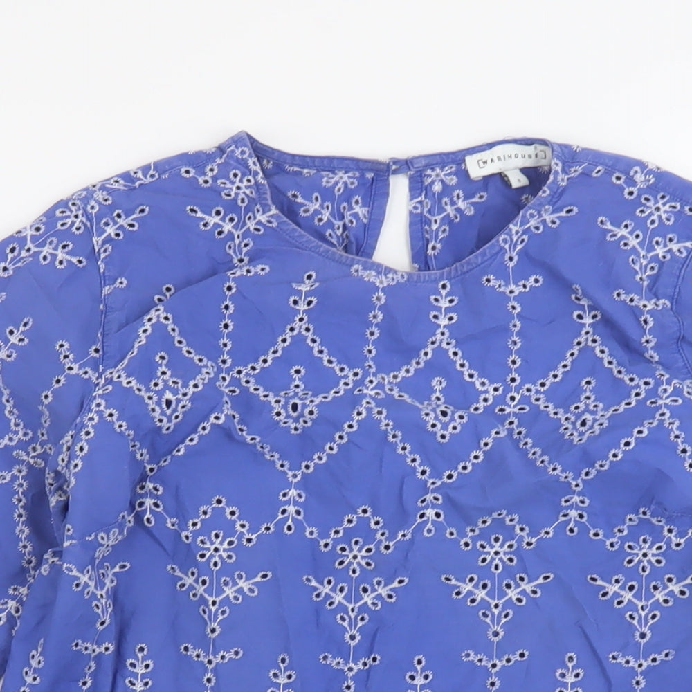Warehouse Womens Blue Floral Cotton Basic Blouse Size 8 Round Neck