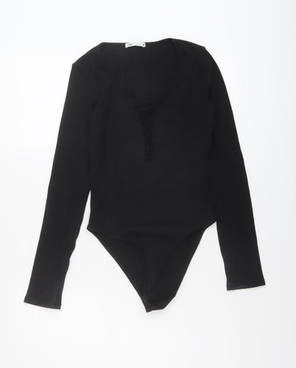 Zara Womens Black Polyester Bodysuit One-Piece Size S Snap