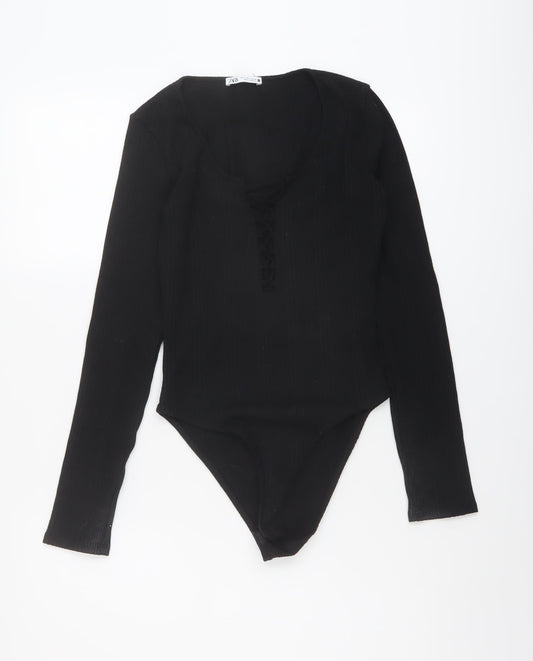 Zara Womens Black Polyester Bodysuit One-Piece Size S Snap