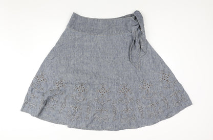 NEXT Womens Blue Linen Flare Skirt Size 12 Button - Floral Embroidery Tie Detail
