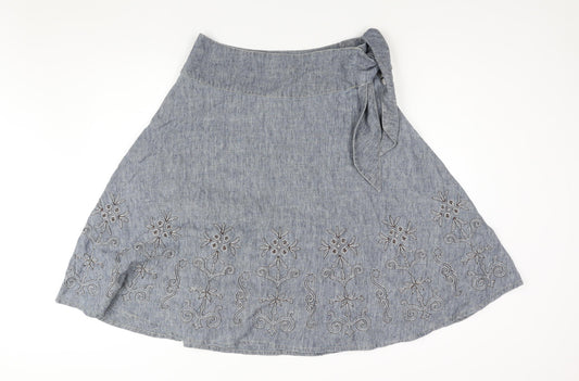 NEXT Womens Blue Linen Flare Skirt Size 12 Button - Floral Embroidery Tie Detail