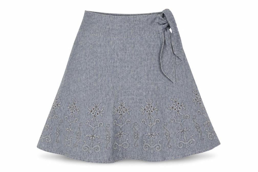 NEXT Womens Blue Linen Flare Skirt Size 12 Button - Floral Embroidery Tie Detail