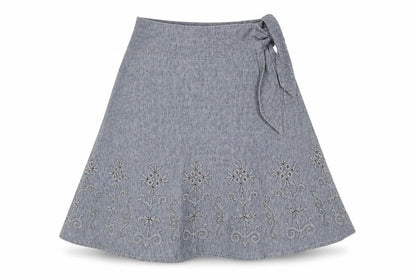 NEXT Womens Blue Linen Flare Skirt Size 12 Button - Floral Embroidery Tie Detail