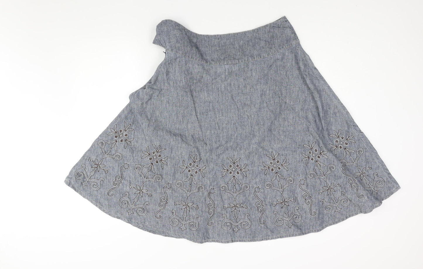 NEXT Womens Blue Linen Flare Skirt Size 12 Button - Floral Embroidery Tie Detail