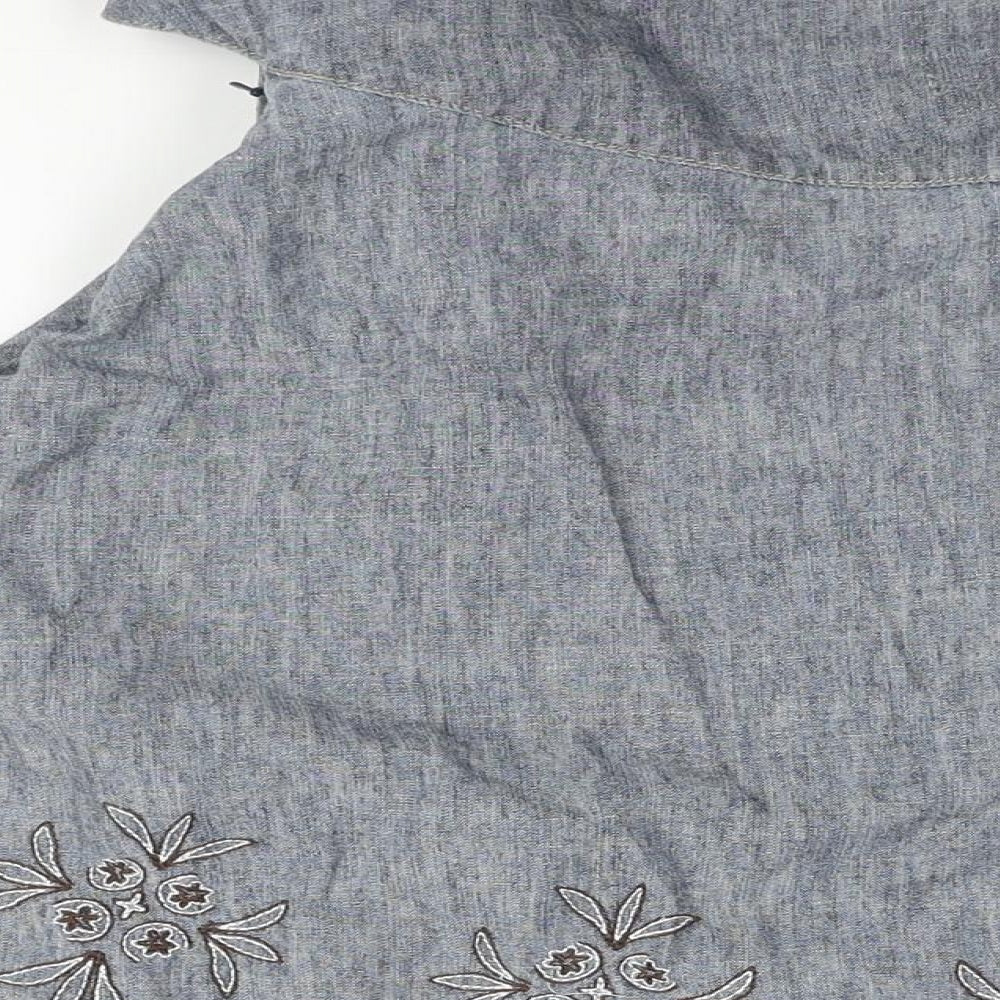 NEXT Womens Blue Linen Flare Skirt Size 12 Button - Floral Embroidery Tie Detail