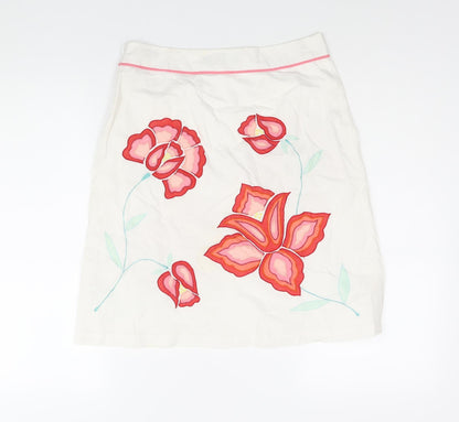 French Connection Womens White Cotton A-Line Skirt Size 8 Zip - Floral Embroidery