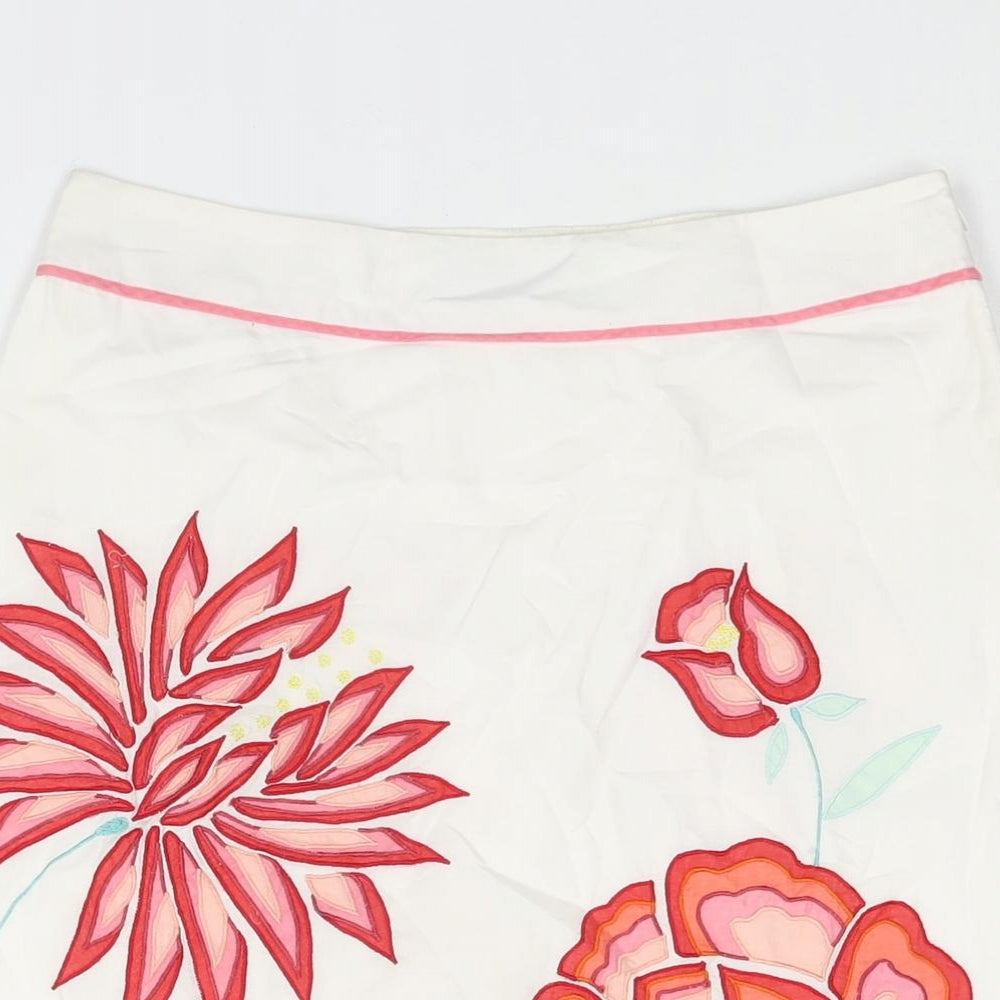 French Connection Womens White Cotton A-Line Skirt Size 8 Zip - Floral Embroidery