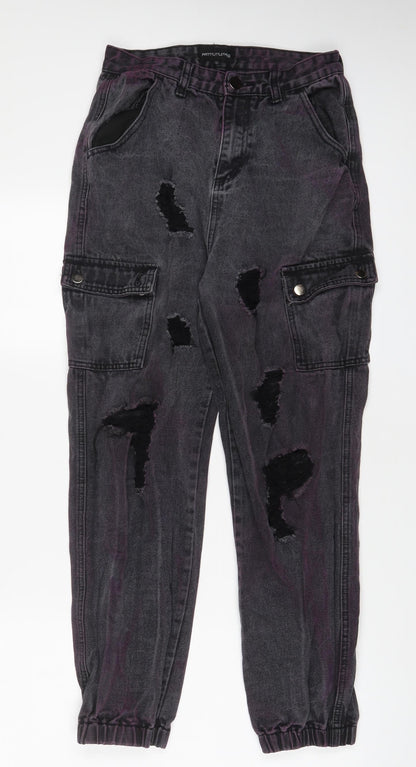 PRETTYLITTLETHING Womens Grey Cotton Tapered Jeans Size 10 L27 in Regular Zip - Purple tint, Cuffed