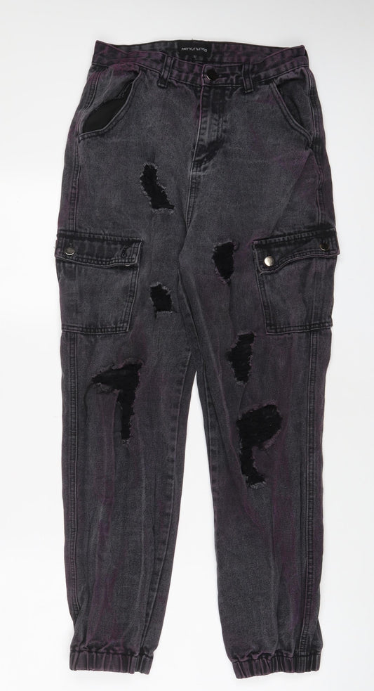 PRETTYLITTLETHING Womens Grey Cotton Tapered Jeans Size 10 L27 in Regular Zip - Purple tint, Cuffed