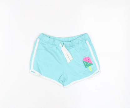 Marks and Spencer Girls Blue Cotton Sweat Shorts Size 4-5 Years Regular Drawstring - Ice Lollie