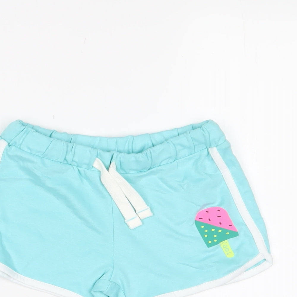 Marks and Spencer Girls Blue Cotton Sweat Shorts Size 4-5 Years Regular Drawstring - Ice Lollie