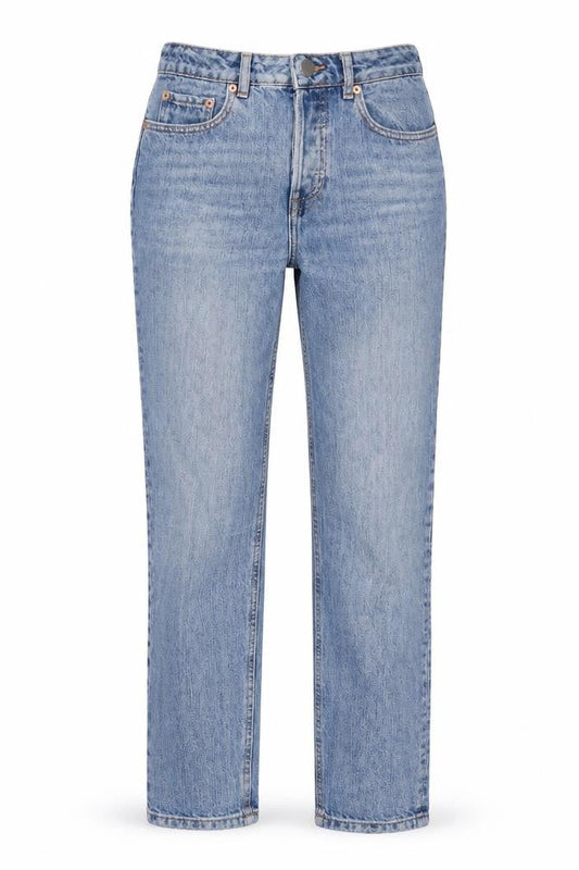 Front view of ASOS women’s blue cotton straight jeans, size UK 26, in, 32-inch leg regular zip