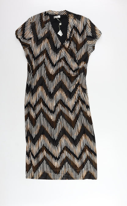 CC Womens Brown Geometric Polyester Sheath Size L V-Neck Pullover