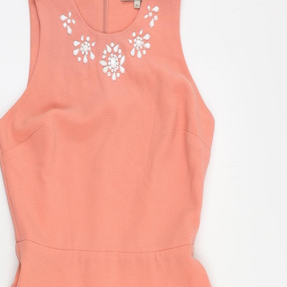 Marks and Spencer Womens Pink Polyester Fit & Flare Size 8 Round Neck Zip - Embellished Neckline