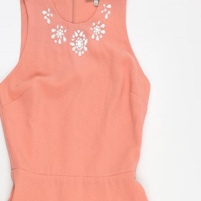 Marks and Spencer Womens Pink Polyester Fit & Flare Size 8 Round Neck Zip - Embellished Neckline