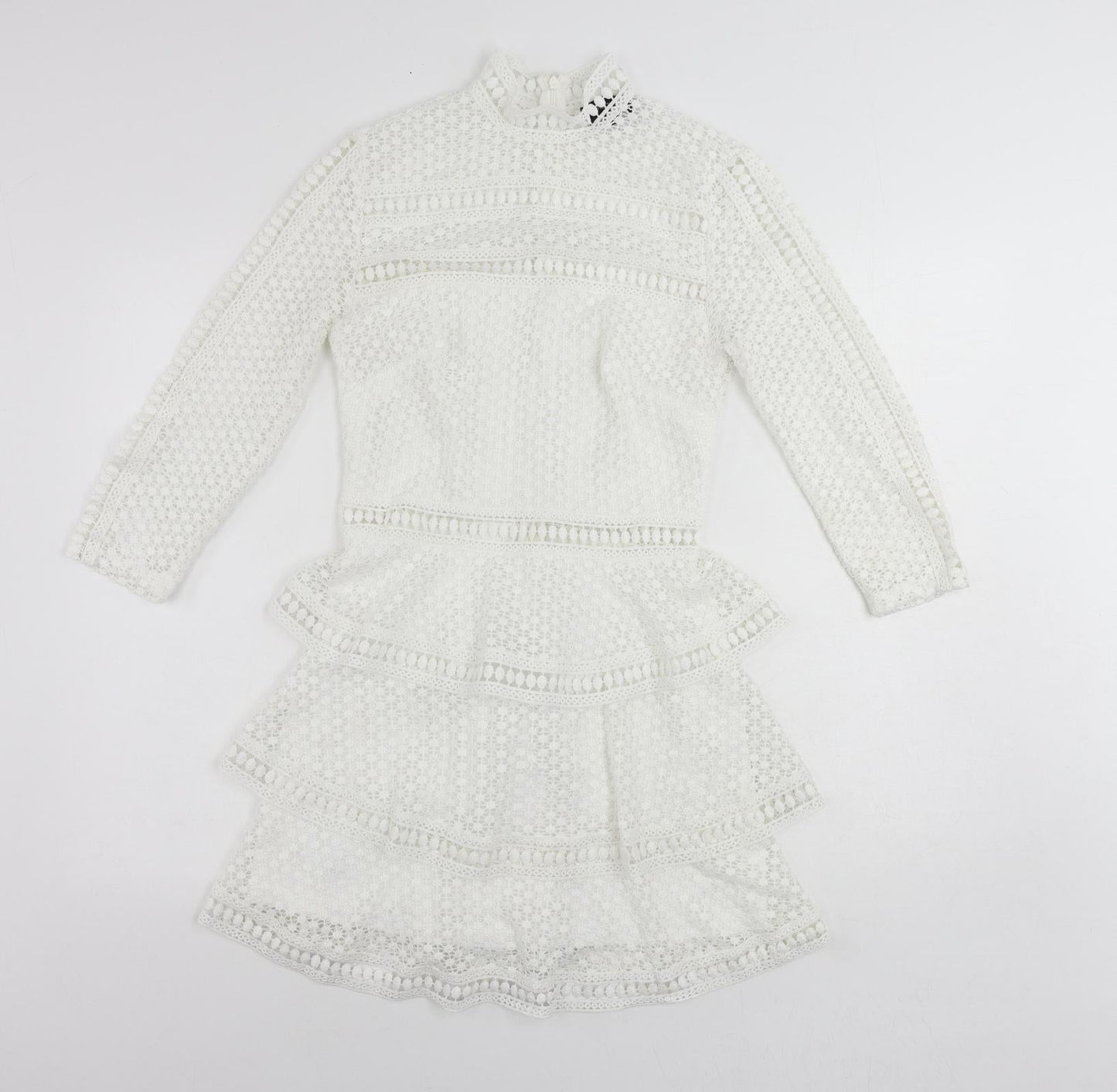 PRETTYLITTLETHING Womens White Polyester Mini Size 8 Mock Neck Zip - Ruffle