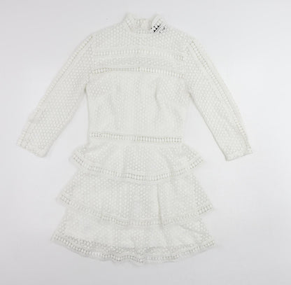 PRETTYLITTLETHING Womens White Polyester Mini Size 8 Mock Neck Zip - Ruffle