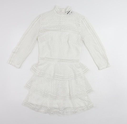 PRETTYLITTLETHING Womens White Polyester Mini Size 8 Mock Neck Zip - Ruffle