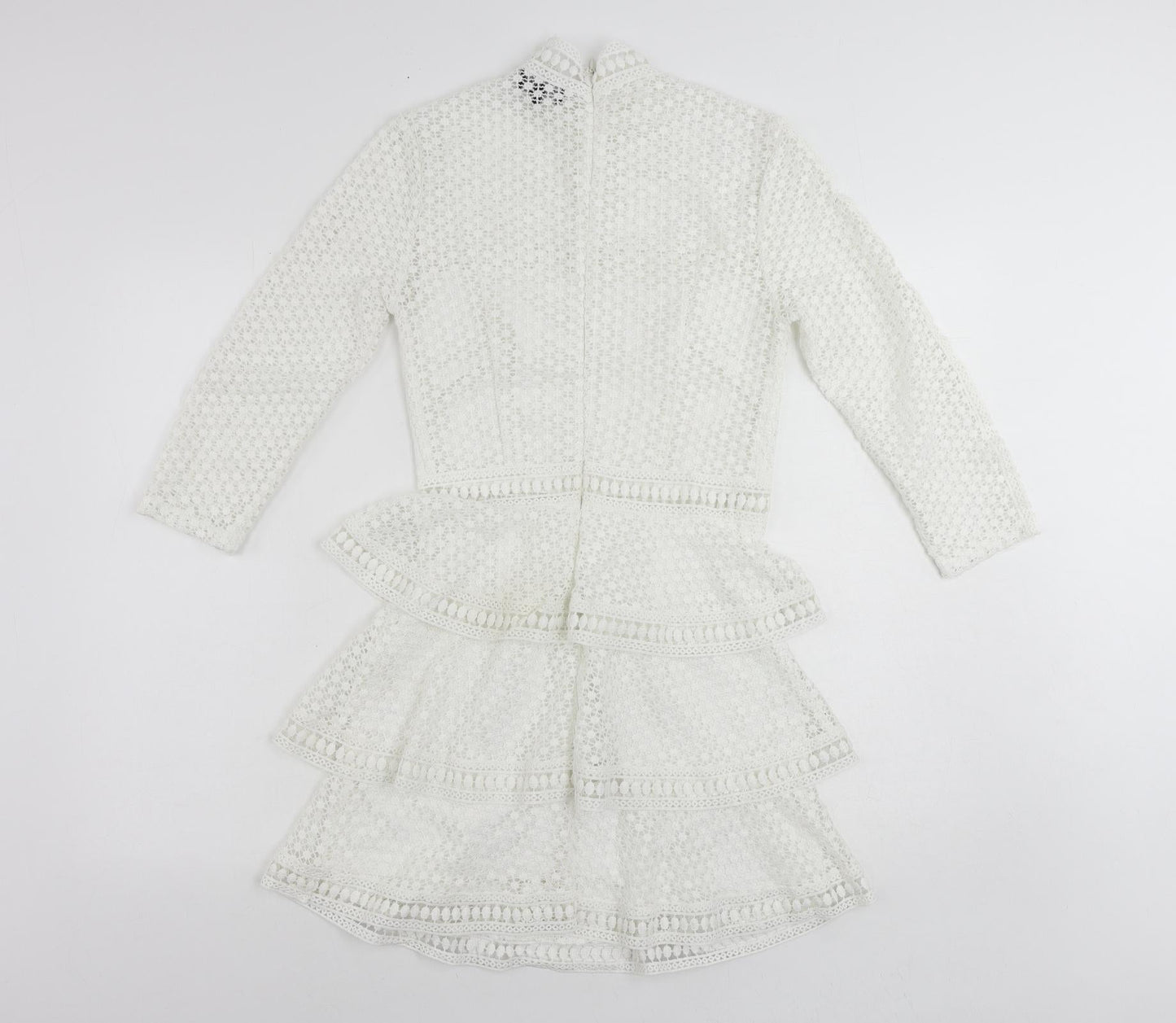 PRETTYLITTLETHING Womens White Polyester Mini Size 8 Mock Neck Zip - Ruffle