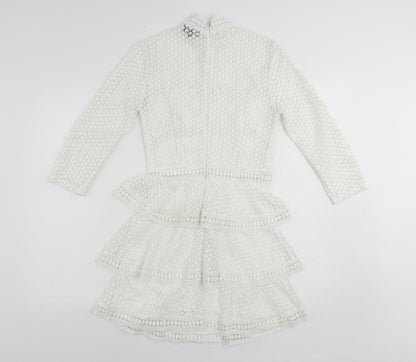 PRETTYLITTLETHING Womens White Polyester Mini Size 8 Mock Neck Zip - Ruffle