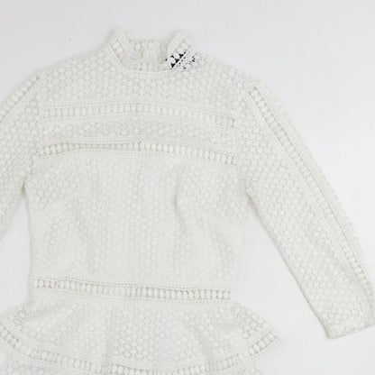 PRETTYLITTLETHING Womens White Polyester Mini Size 8 Mock Neck Zip - Ruffle