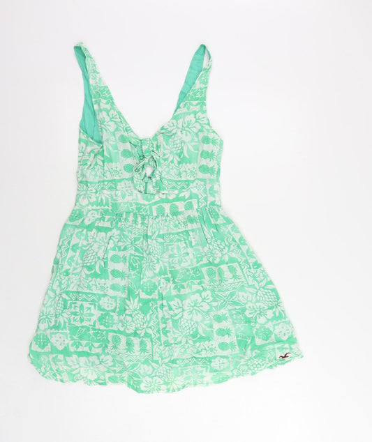 Hollister Womens Green Geometric Viscose Mini Size S V-Neck Zip