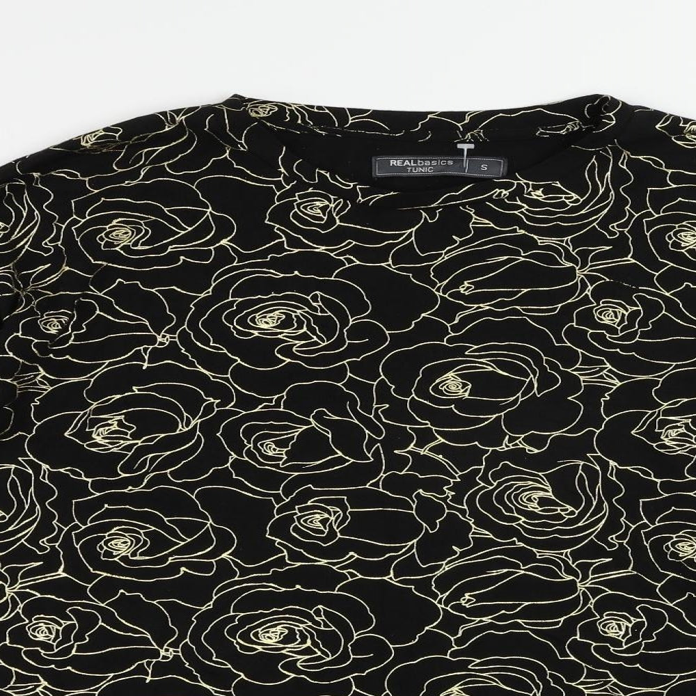 Real Basics Womens Black Floral Viscose Tunic Blouse Size S Round Neck