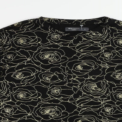 Real Basics Womens Black Floral Viscose Tunic Blouse Size S Round Neck