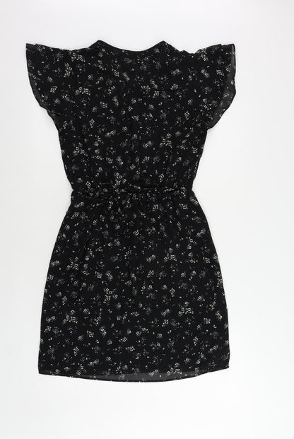 H&M Womens Black Floral Polyester A-Line Size 6 V-Neck Zip - Ruffle