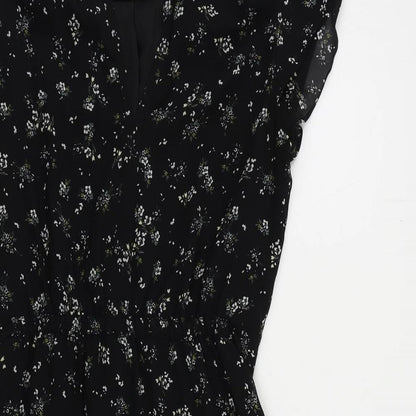 H&M Womens Black Floral Polyester A-Line Size 6 V-Neck Zip - Ruffle